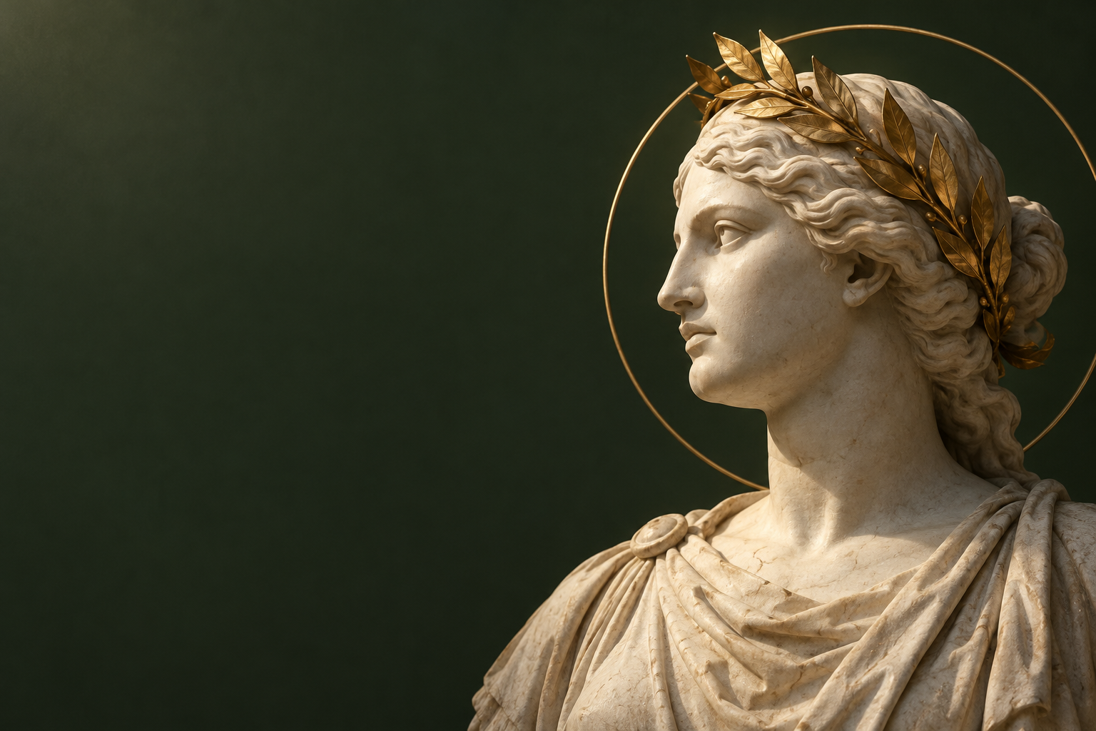 Classical marble figure crowned with golden laurel leaves