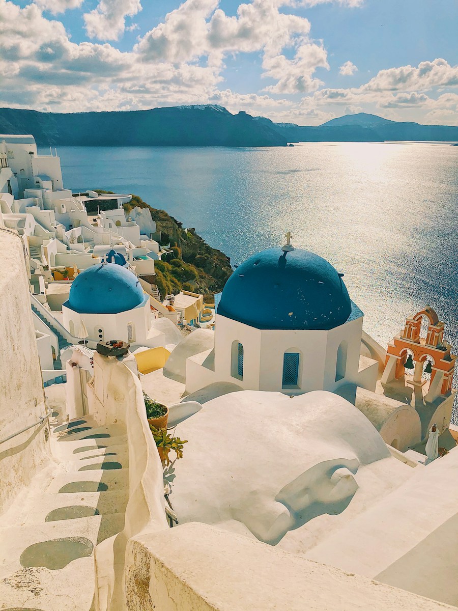 Sunlit white architecture overlooking the Aegean Sea